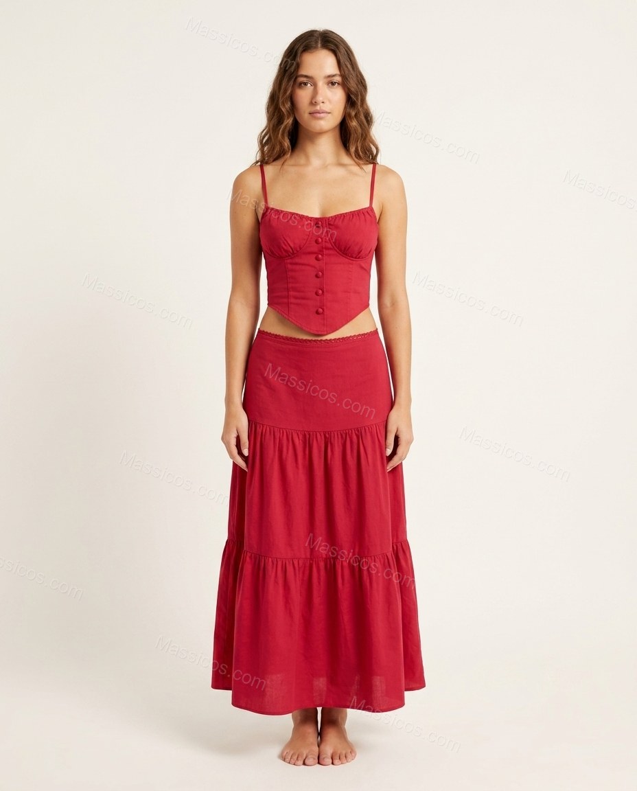 Red Maxi Tiered Lace Top & Skirt Set, front studio view, by Massicos