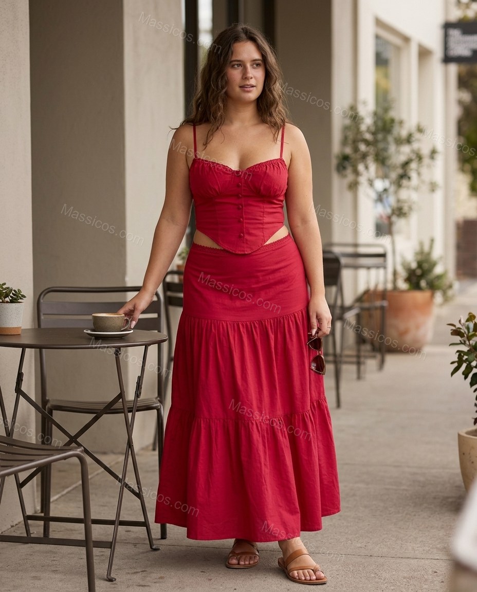 Red Maxi Tiered Lace Top & Skirt Set, alternate use-case lifestyle view, by Massicos