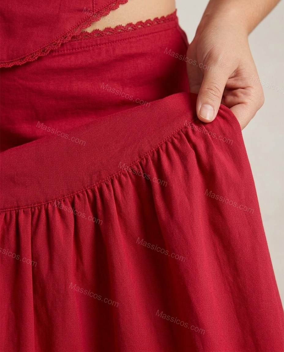 Red Maxi Tiered Lace Top & Skirt Set, close-up of corset-style bodice, tiered skirt and button-front detail on bodice, by Massicos