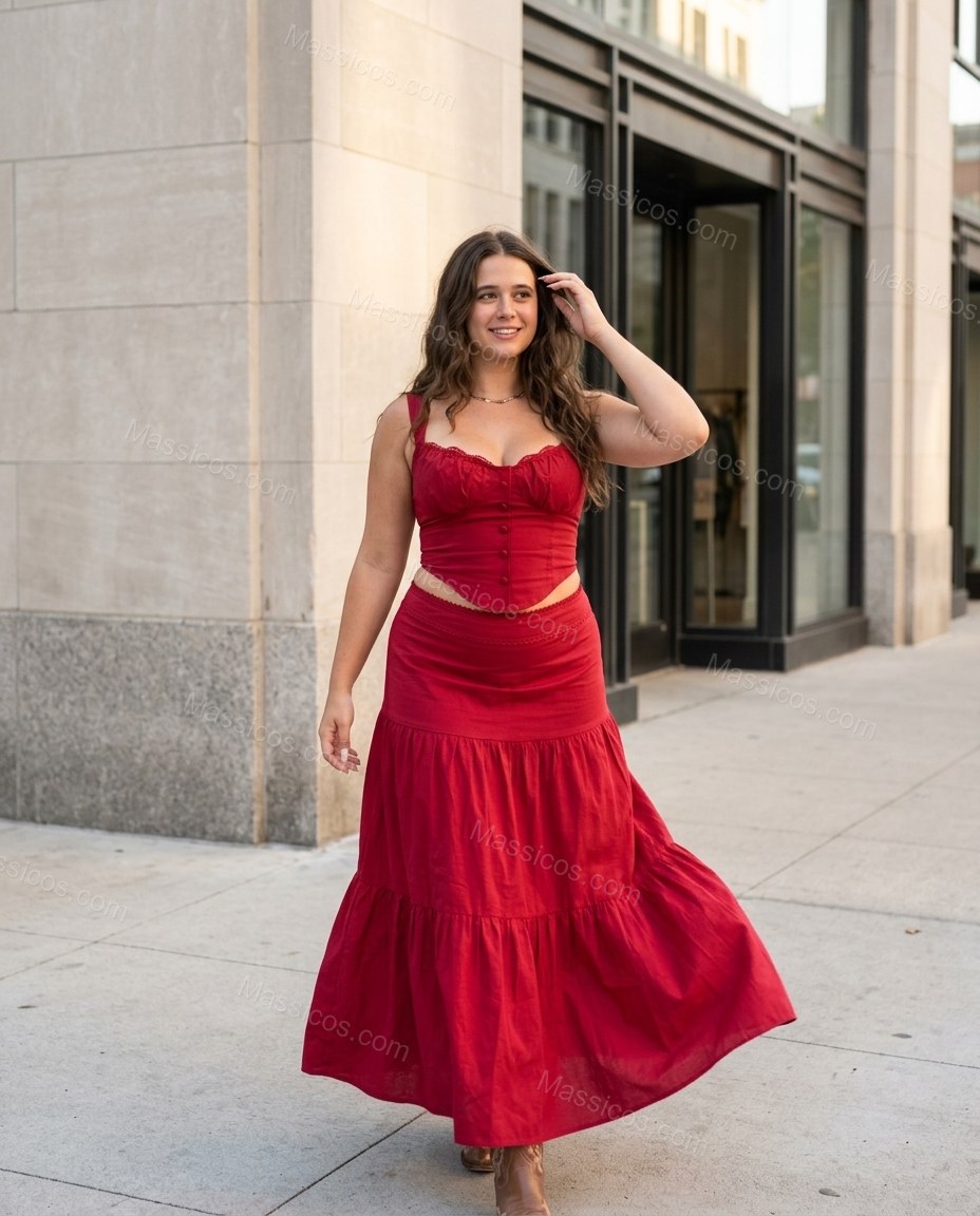 Red Maxi Tiered Lace Top & Skirt Set, movement and fit lifestyle view, by Massicos