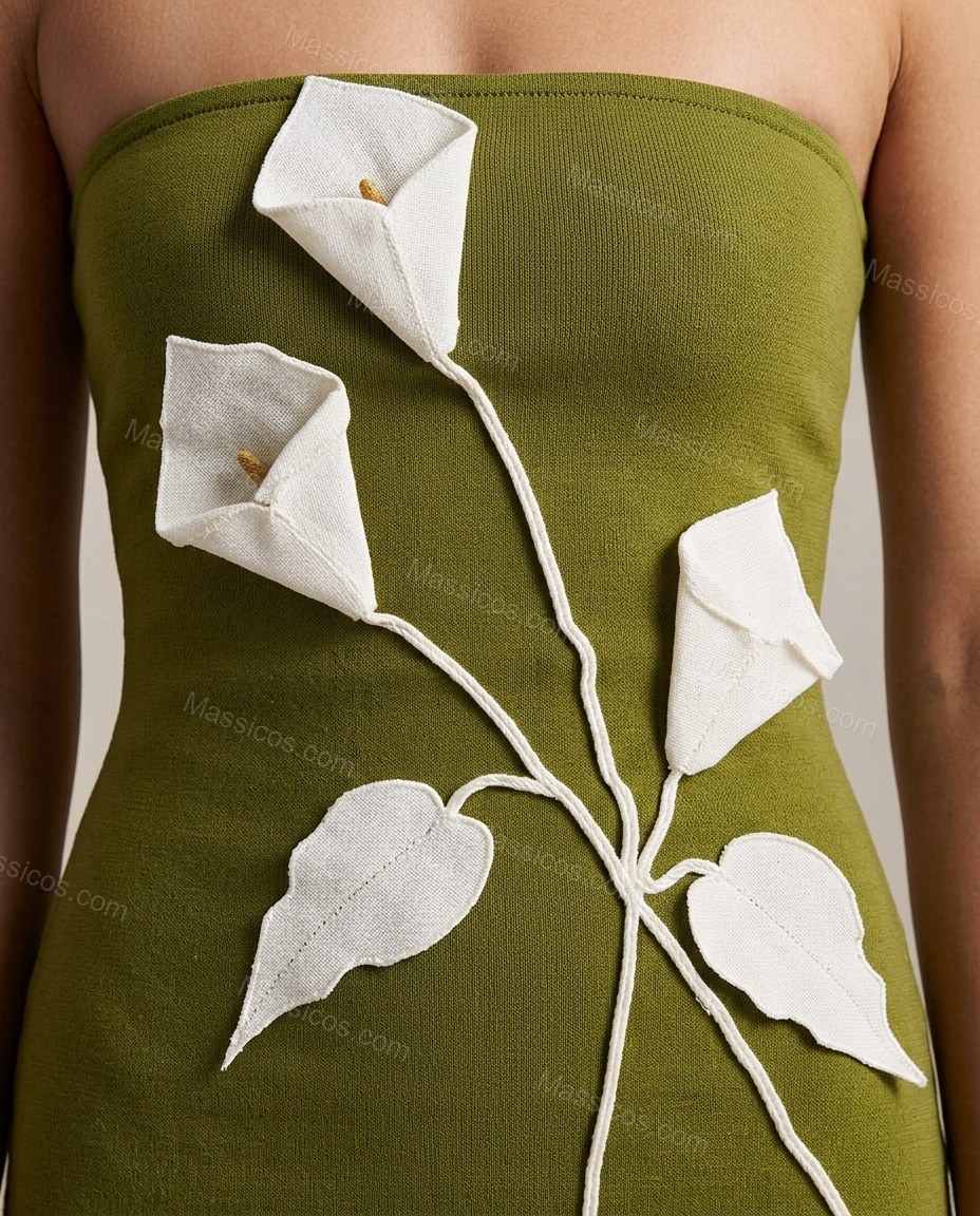 Olive Green Floral Maxi Strapless Dress, close-up of floral, by Massicos