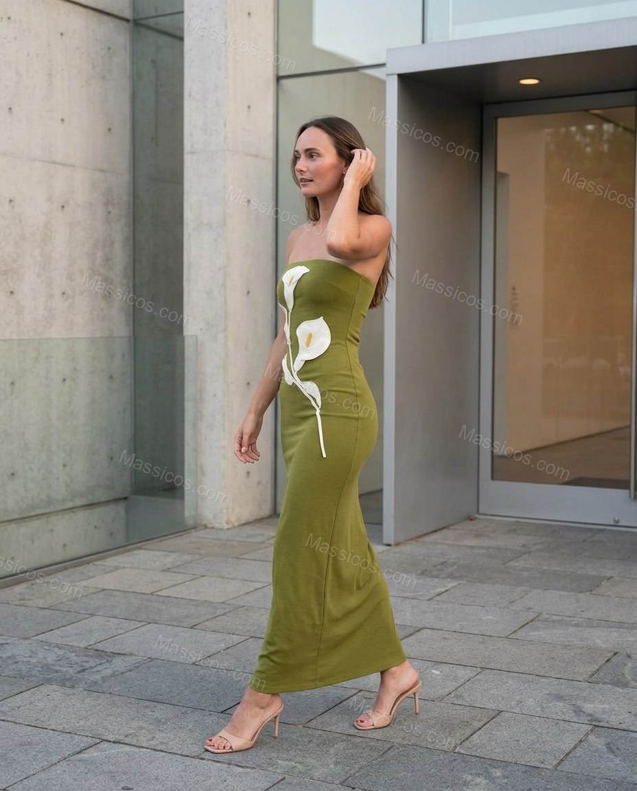 Olive Green Floral Maxi Strapless Dress, walking lifestyle view, by Massicos