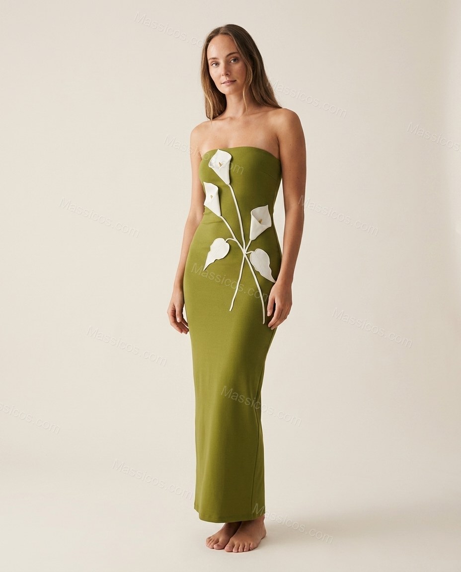 Olive Green Floral Maxi Strapless Dress, full-length hero view, by Massicos