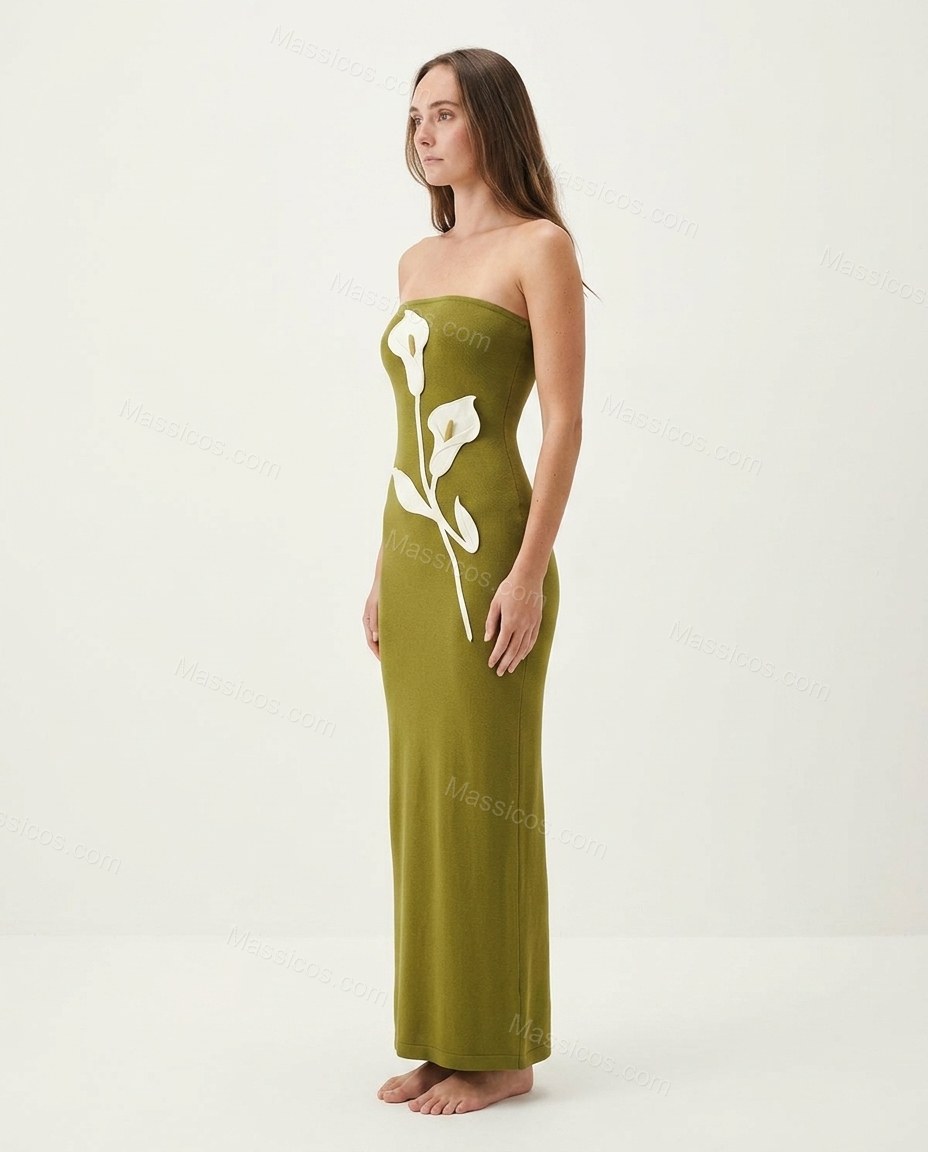 Olive Green Floral Maxi Strapless Dress, side and back studio view, by Massicos