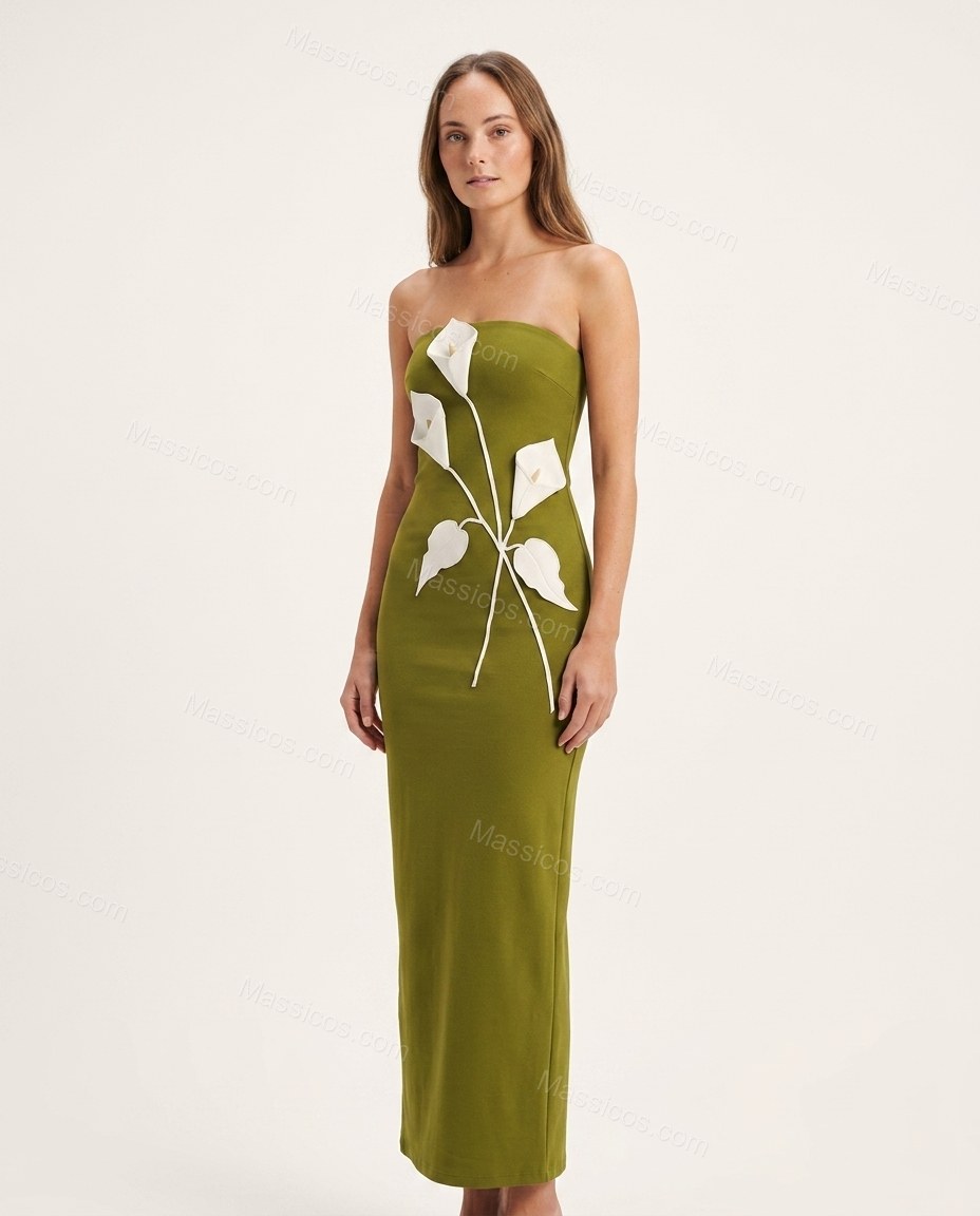 Olive Green Floral Maxi Strapless Dress, front studio view, by Massicos