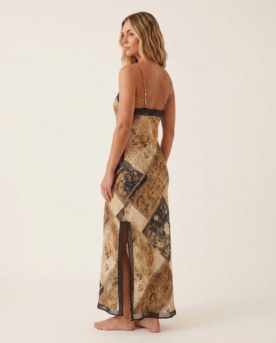 Brown Patchwork Maxi Satin Dress, back studio view, by Massicos