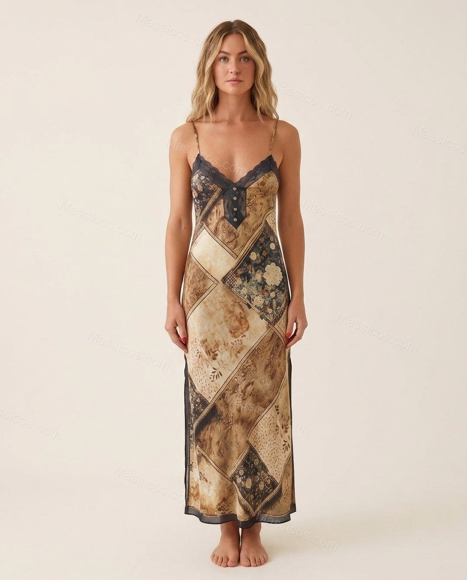 Brown Patchwork Maxi Satin Dress, front studio view, by Massicos