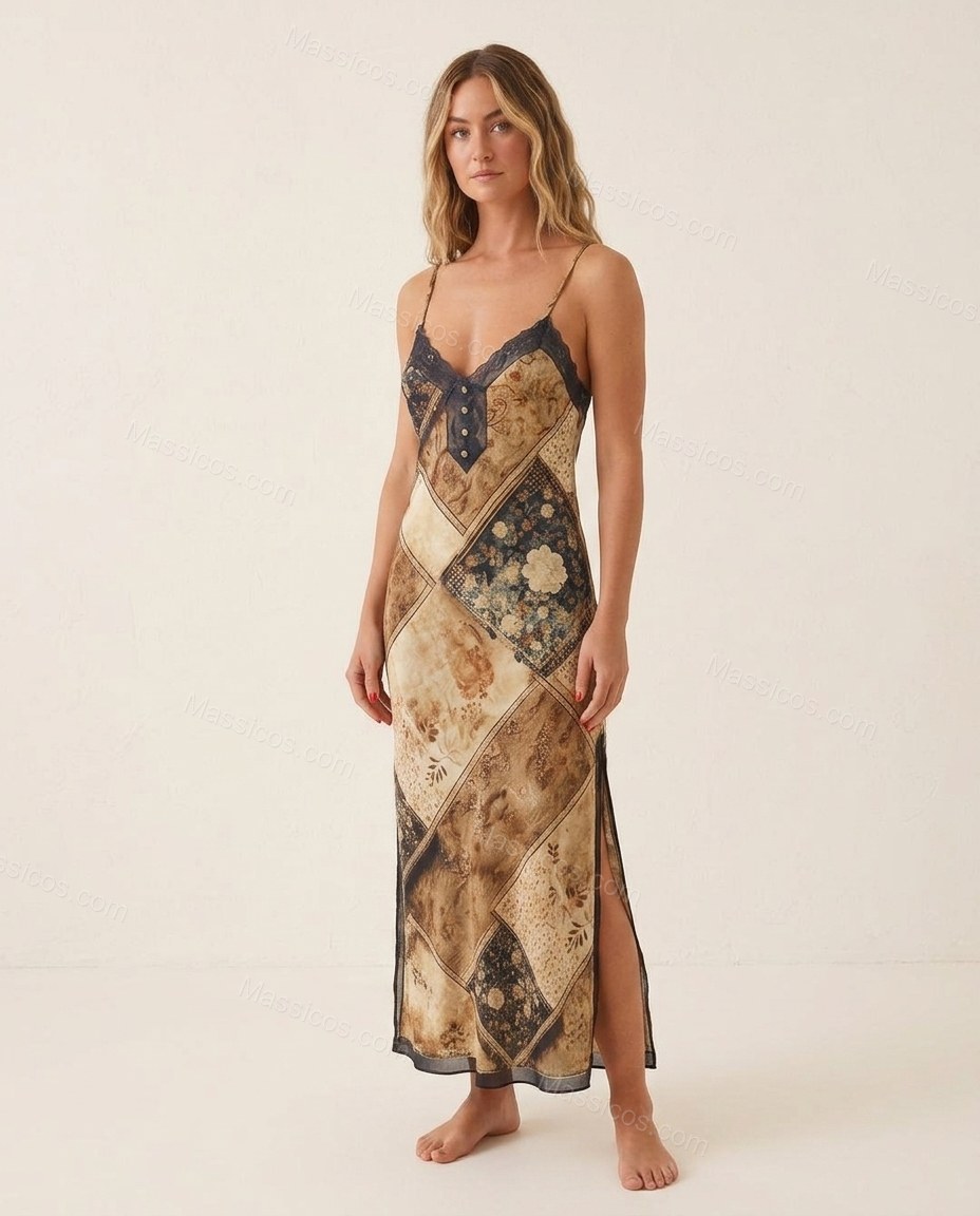 Brown Patchwork Maxi Satin Dress, full-length hero view, by Massicos