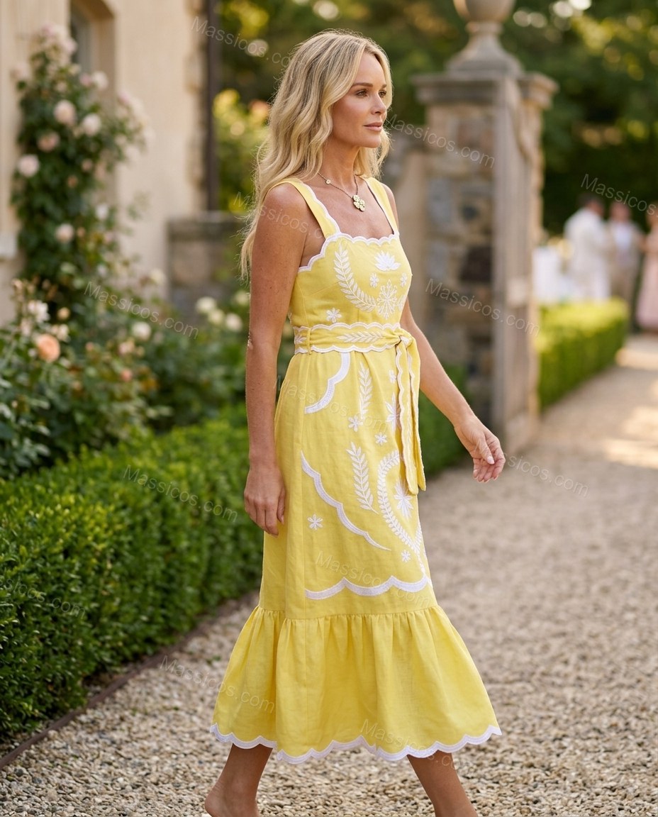 Yellow Maxi Embroidered Ruffled Dress, three-quarter brand lifestyle view, by Massicos
