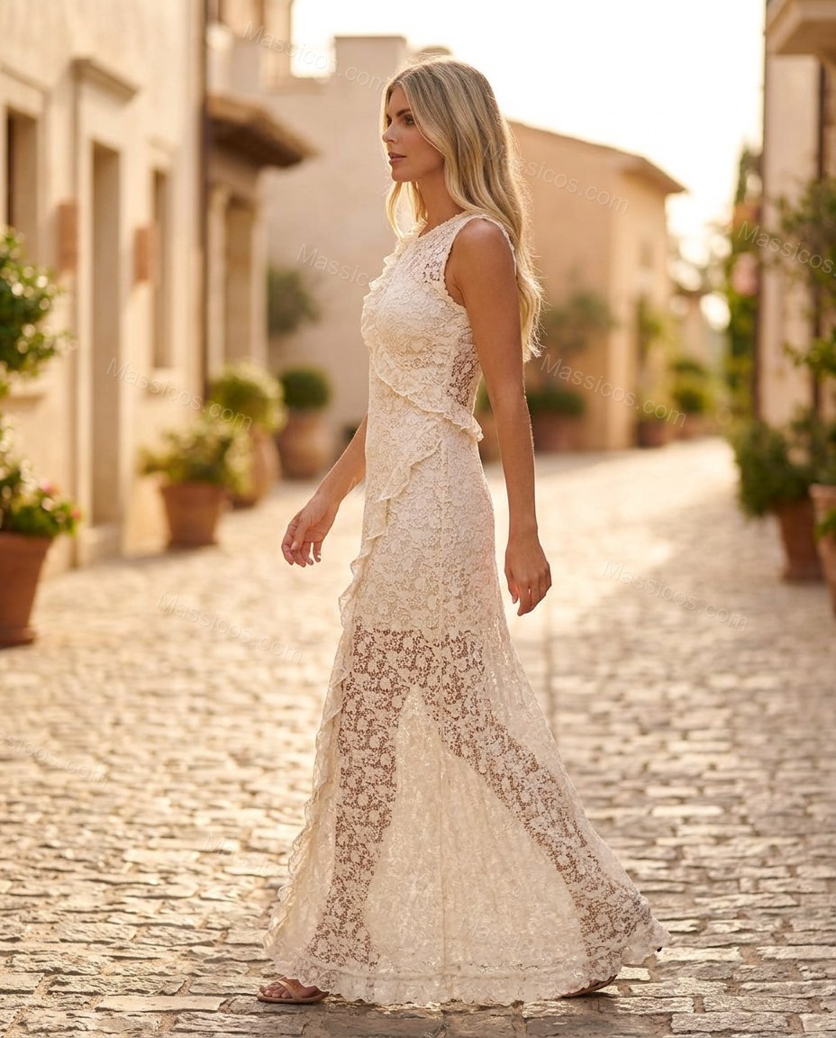 Off-white Floral Maxi Ruffled Dress, walking lifestyle view, by Massicos
