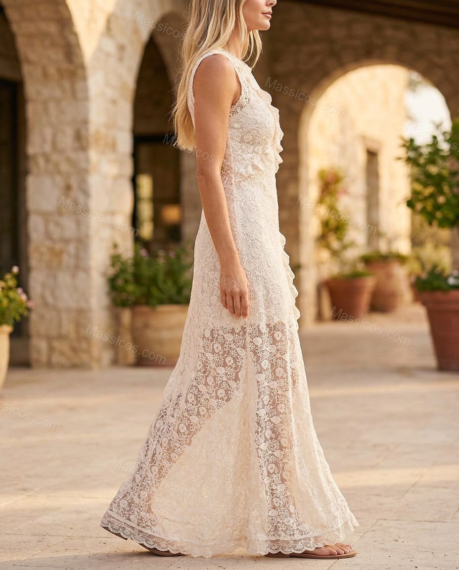 Off-white Floral Maxi Ruffled Dress, movement and fit lifestyle view, by Massicos