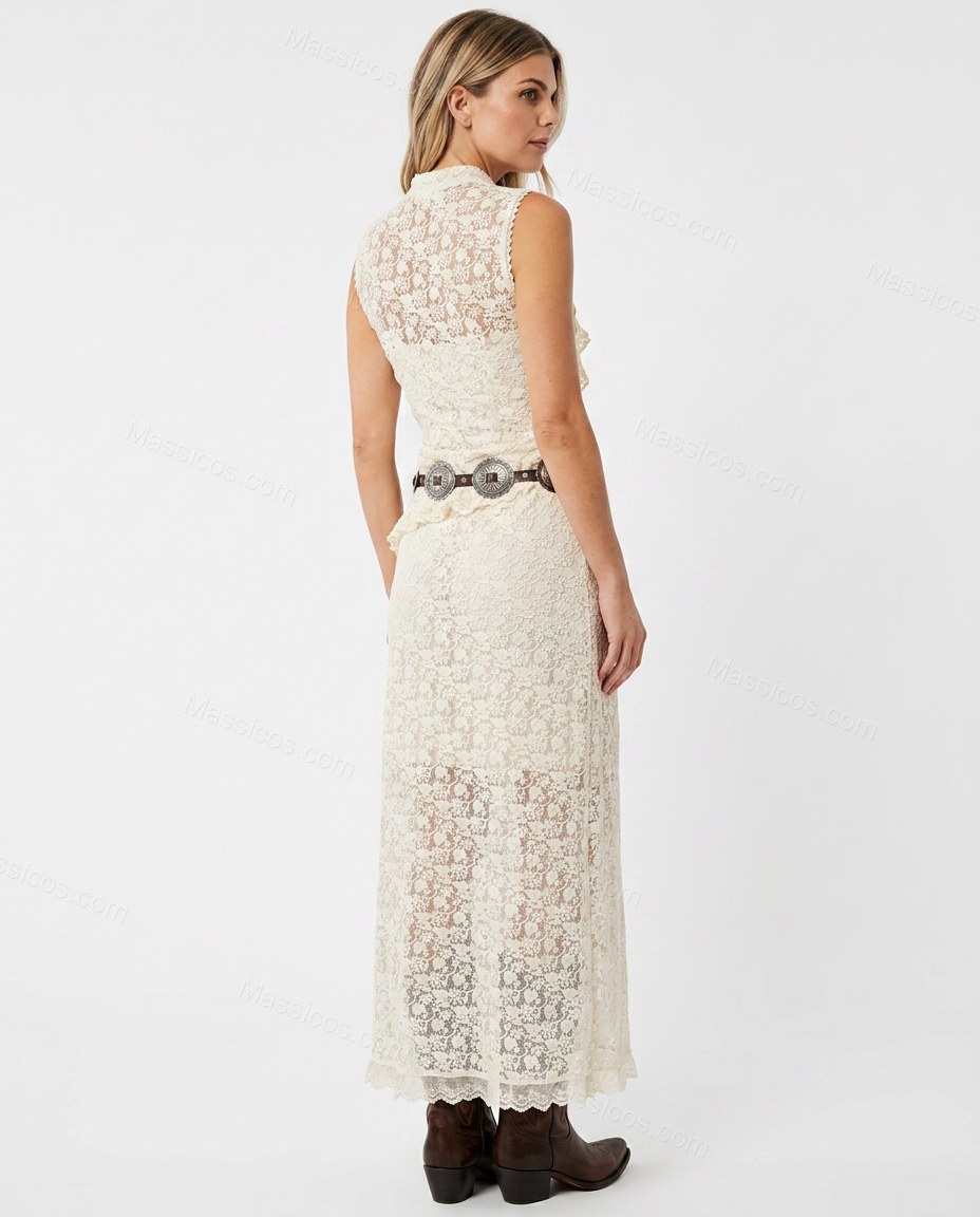 Off-white Floral Maxi Ruffled Dress, back studio view showing fitted back with lace overlay, by Massicos
