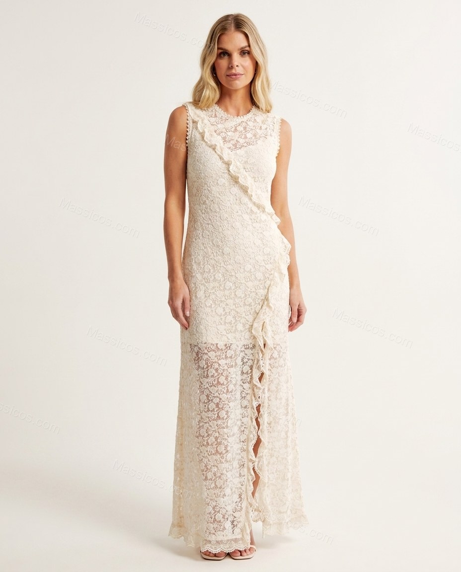Off-white Floral Maxi Ruffled Dress, front studio view, by Massicos