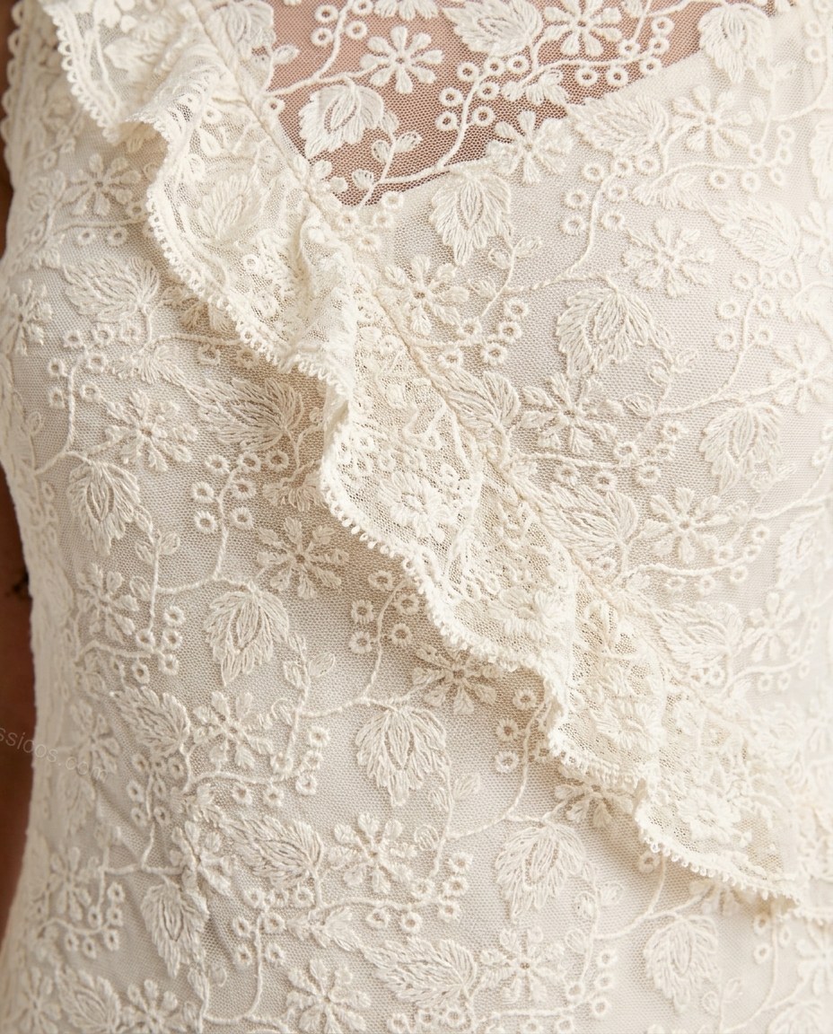 Off-white Floral Maxi Ruffled Dress, close-up of floral and scalloped hem, by Massicos