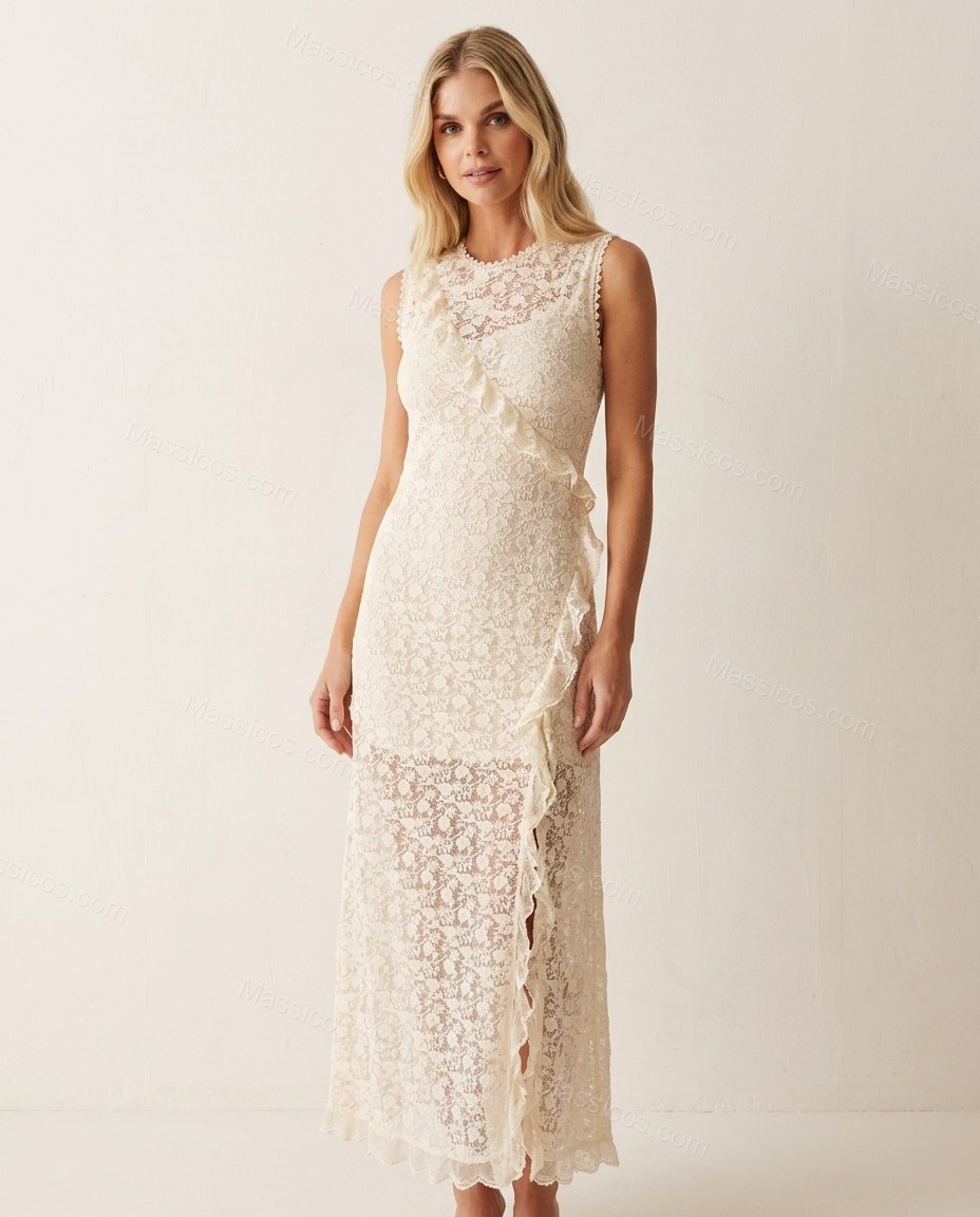 Off-white Floral Maxi Ruffled Dress, full-length hero view, by Massicos