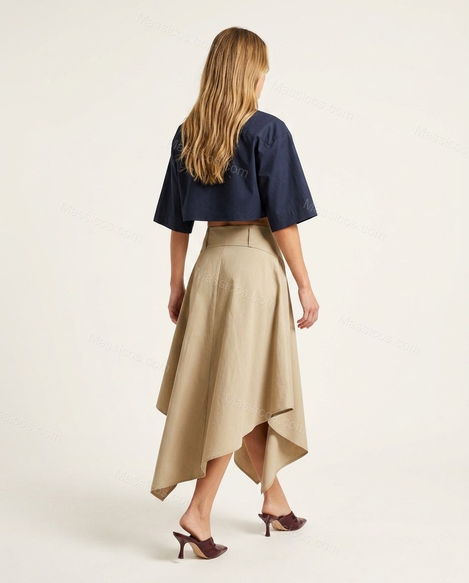 Light Beige Midi Pleated Asymmetric Shirt & Skirt Set, back studio view showing solid, continuous fabric, structured waistband, by Massicos