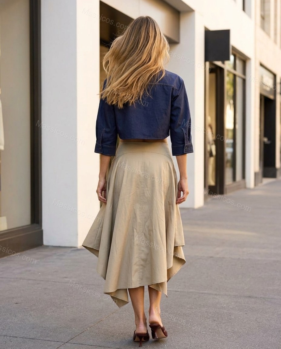Light Beige Midi Pleated Asymmetric Shirt & Skirt Set, alternate use-case lifestyle view, by Massicos