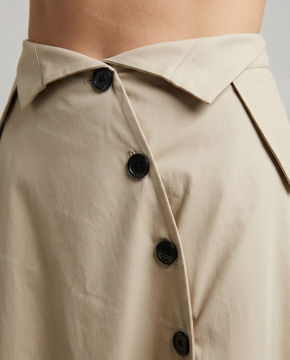 Light Beige Midi Pleated Asymmetric Shirt & Skirt Set, close-up of high waist, button closure and asymmetrical hem, by Massicos