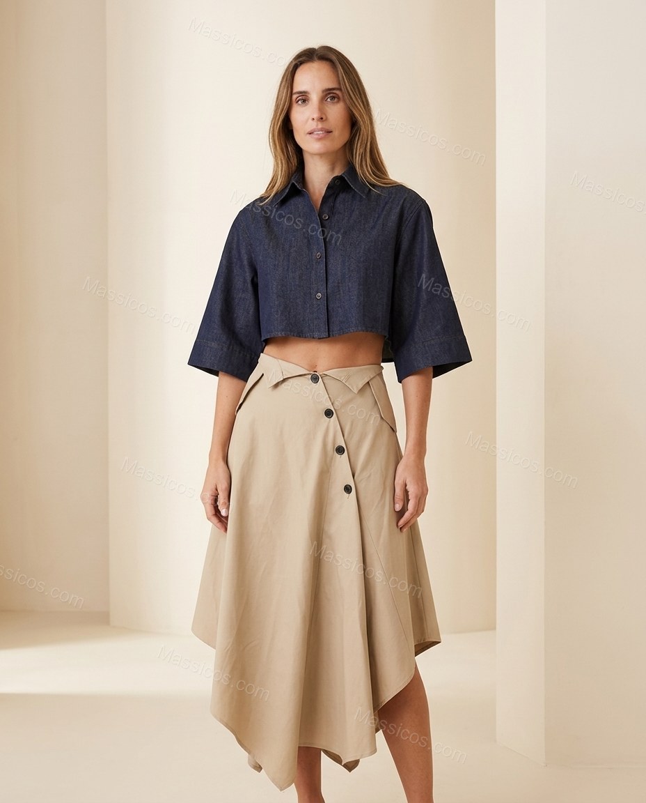Light Beige Midi Pleated Asymmetric Shirt & Skirt Set, full-length hero view, by Massicos