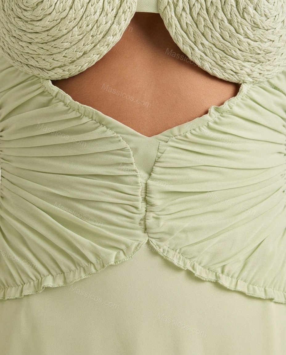 Light Green Midi Dress, close-up of cut-out waist, ruched bodice and coiled bust cups, by Massicos