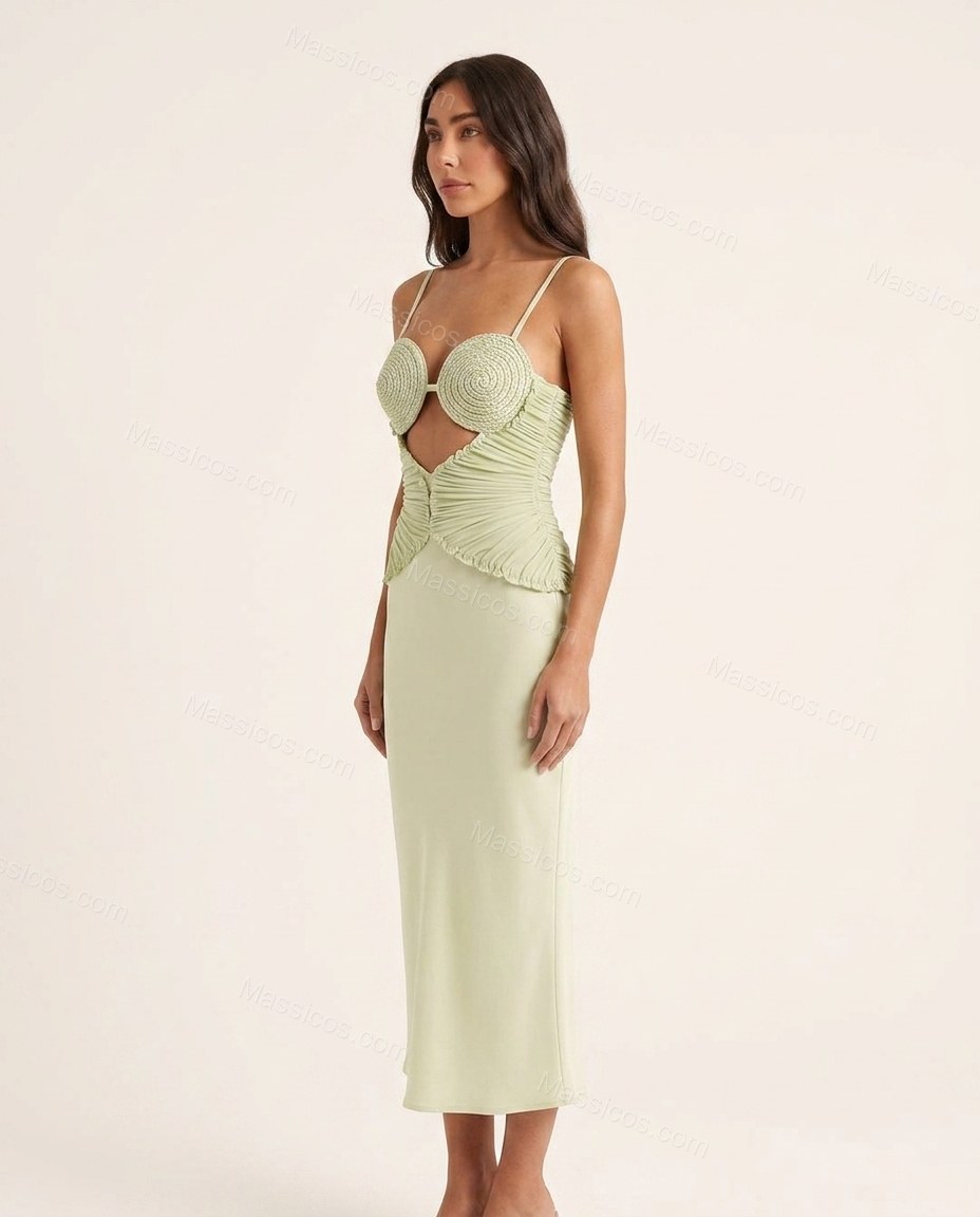 Light Green Midi Dress, side and back studio view showing bodice features vertical ruching and thin shoulder straps, by Massicos