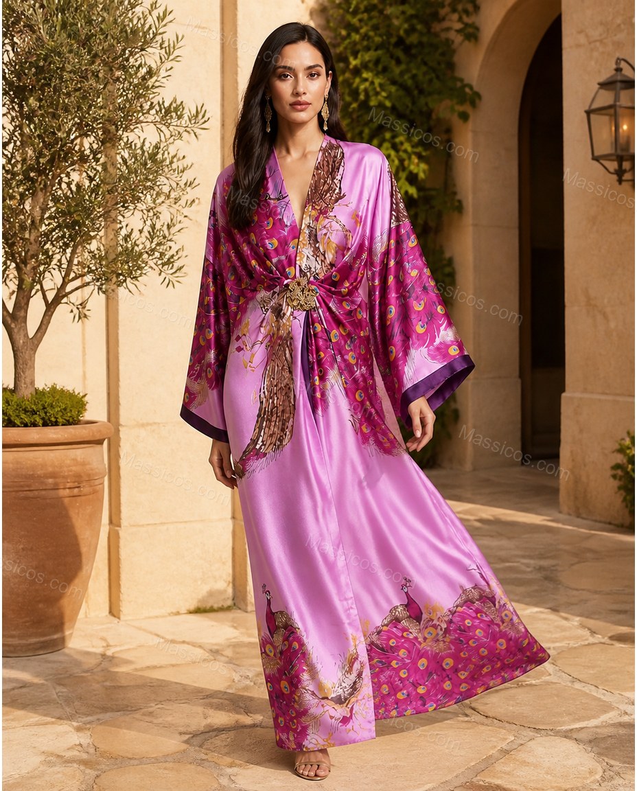 Purple Floral Feather-Trim Satin Dress, walking lifestyle view, by Massicos