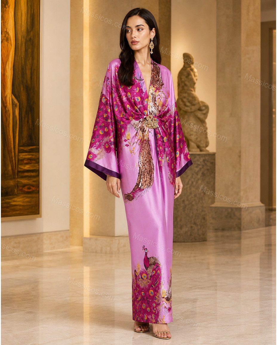 Purple Floral Feather-Trim Satin Dress, three-quarter brand lifestyle view, by Massicos