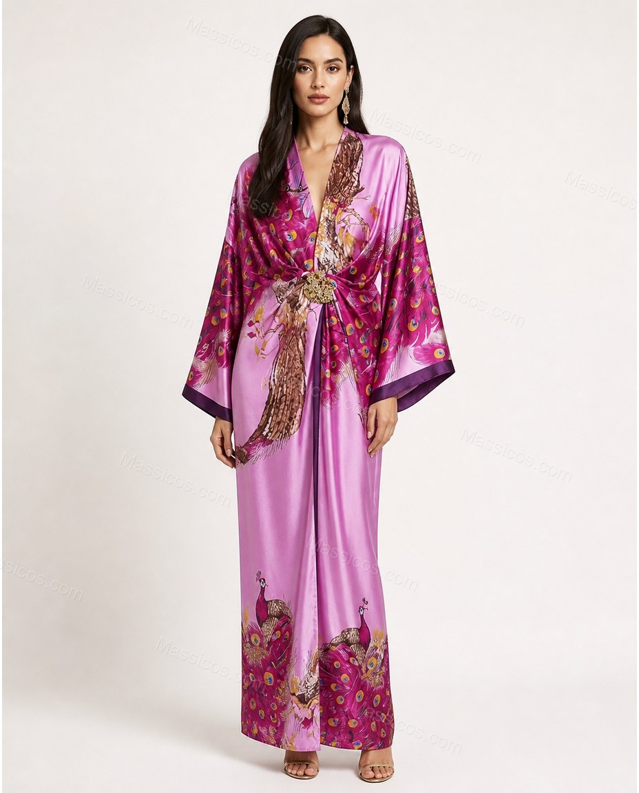 Purple Floral Feather-Trim Satin Dress, full-length hero view, by Massicos