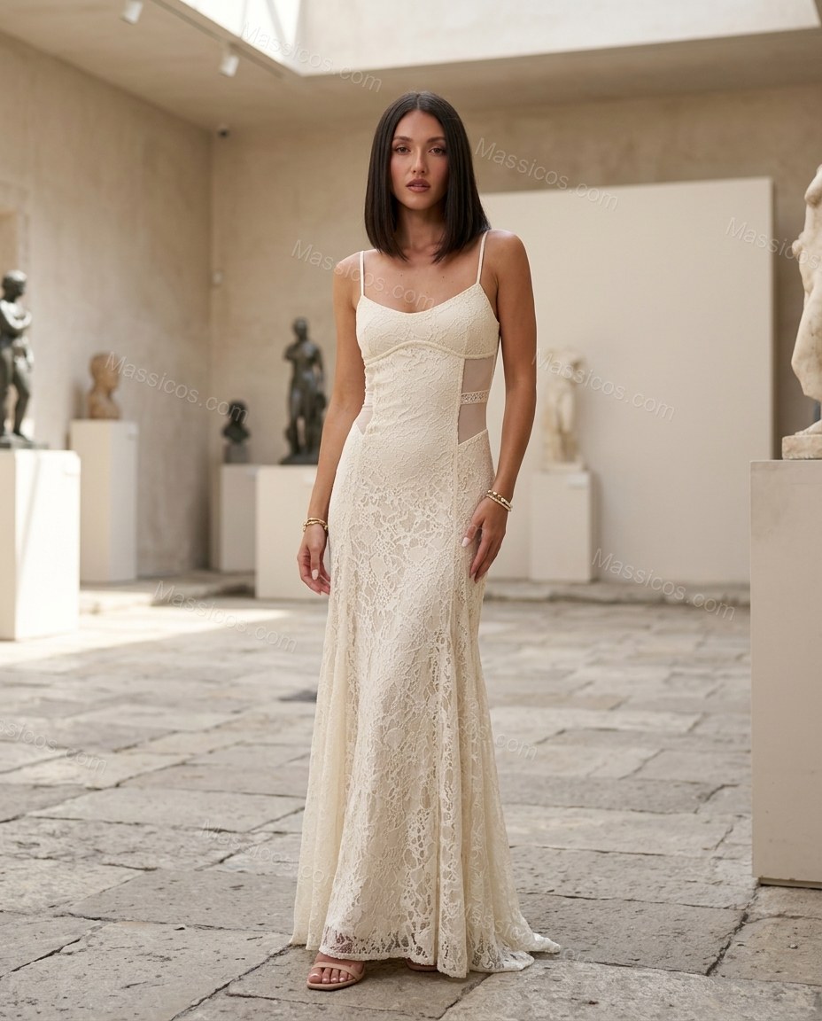 Off-white Floral Open-Back Lace Dress, three-quarter brand lifestyle view, by Massicos