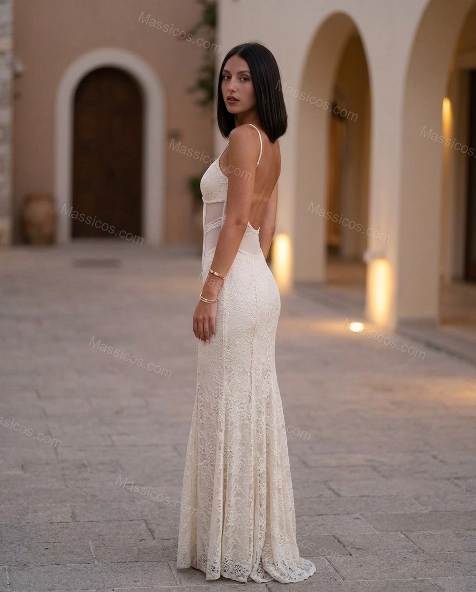 Off-white Floral Open-Back Lace Dress, alternate use-case lifestyle view, by Massicos