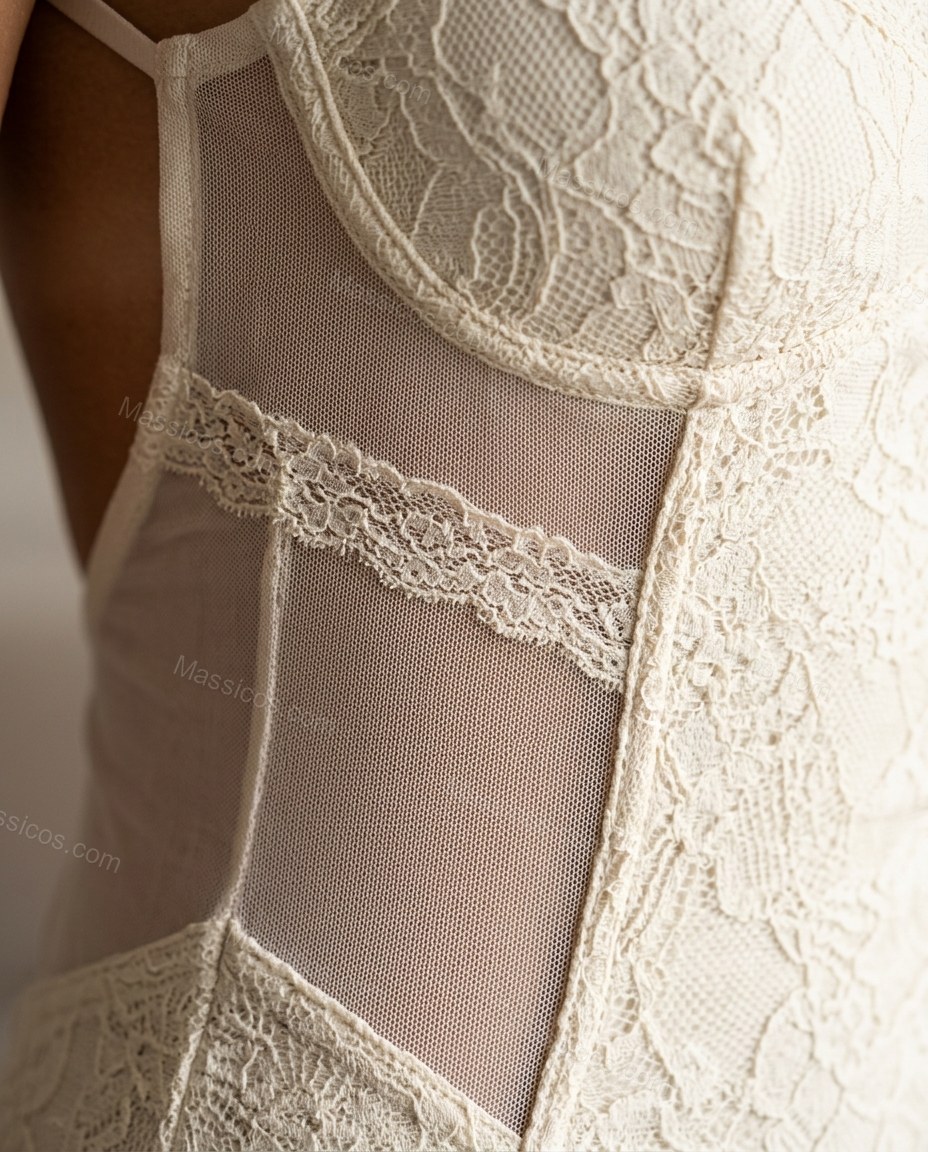 Off-white Floral Open-Back Lace Dress, close-up of floral, by Massicos