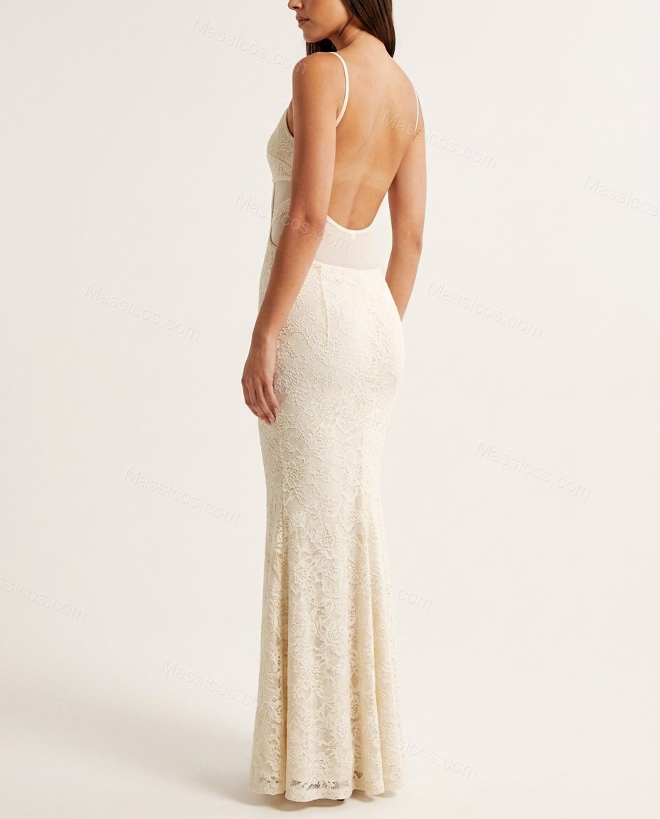 Off-white Floral Open-Back Lace Dress, back studio view showing open back design, by Massicos