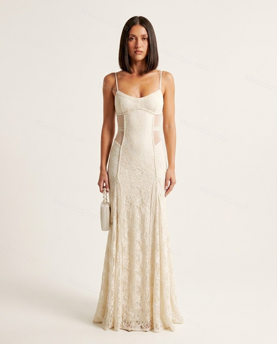 Off-white Floral Open-Back Lace Dress, front studio view, by Massicos
