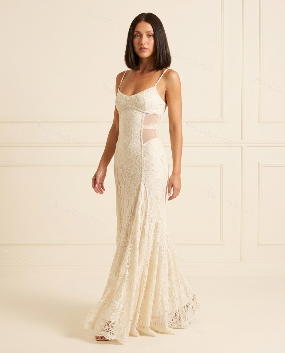 Off-white Floral Open-Back Lace Dress, full-length hero view, by Massicos