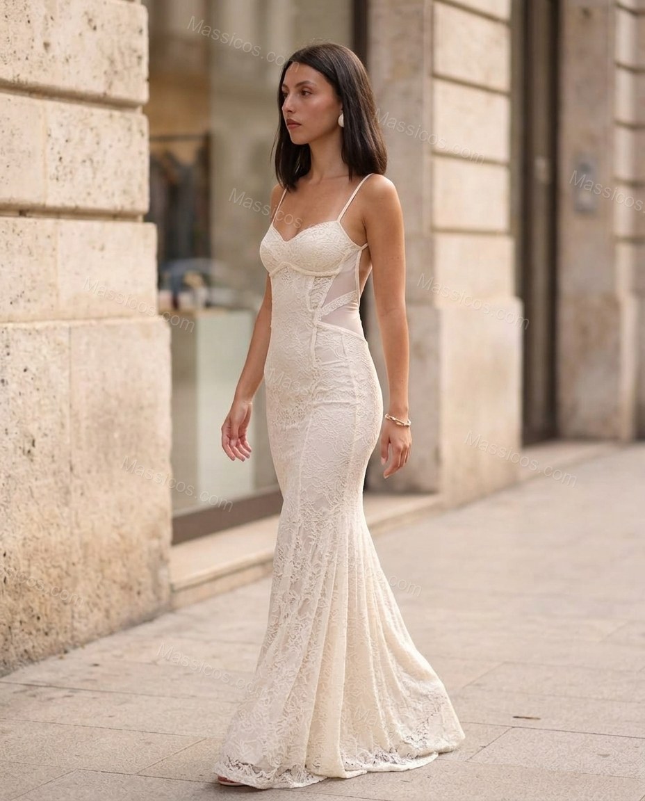 Off-white Floral Open-Back Lace Dress, walking lifestyle view, by Massicos