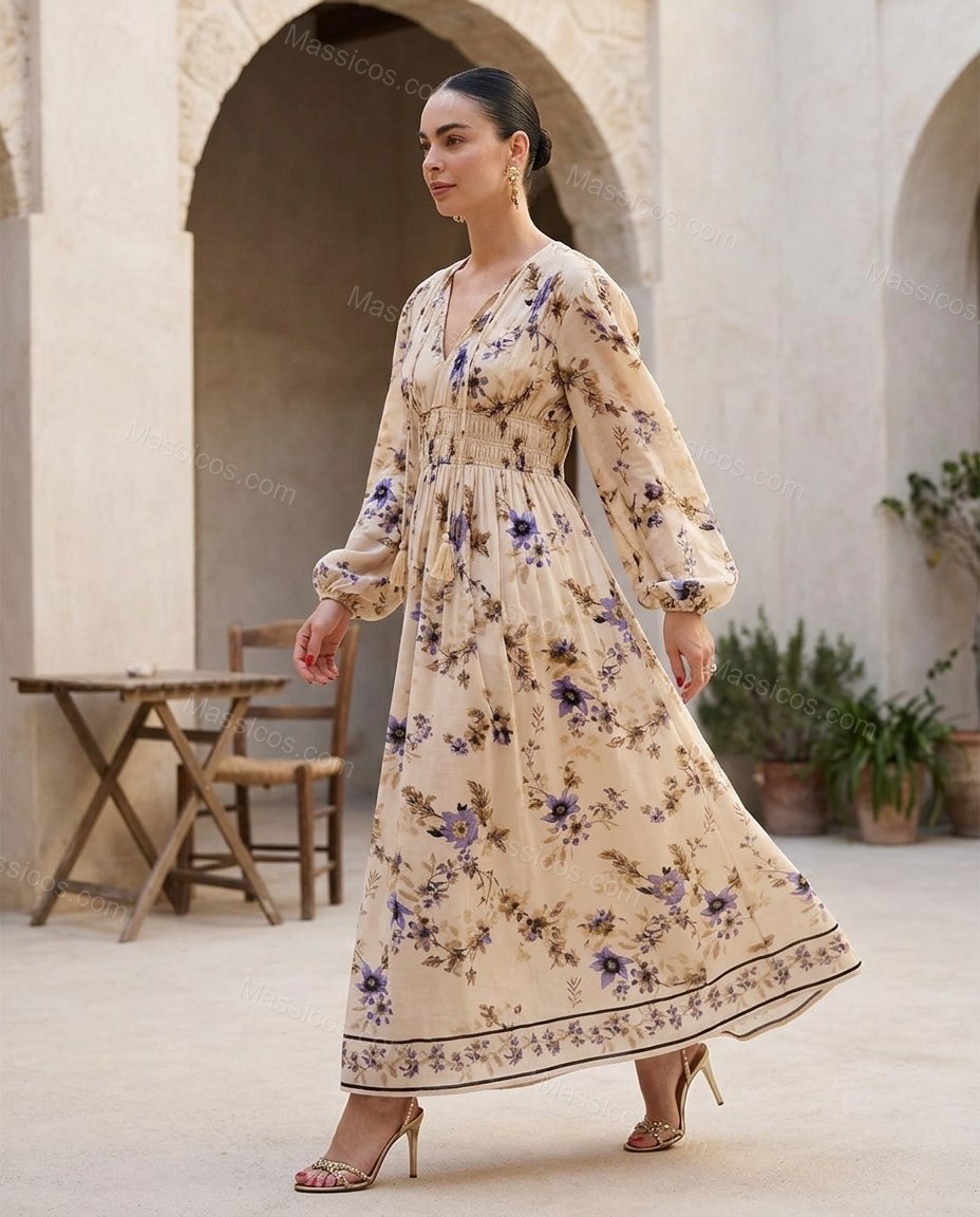 Beige Floral Maxi Dress, walking lifestyle view, by Massicos