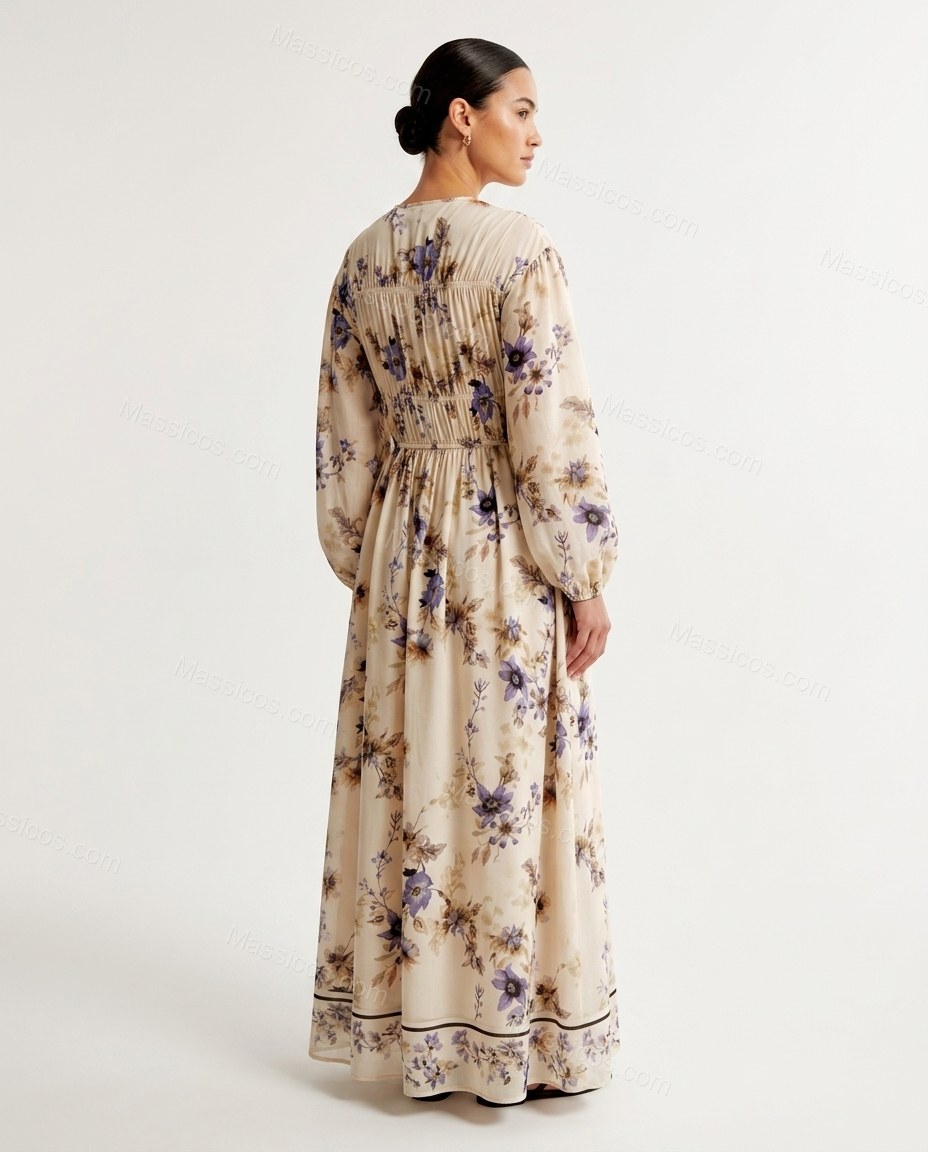 Beige Floral Maxi Dress, back studio view showing shirred upper back and waist panel, by Massicos