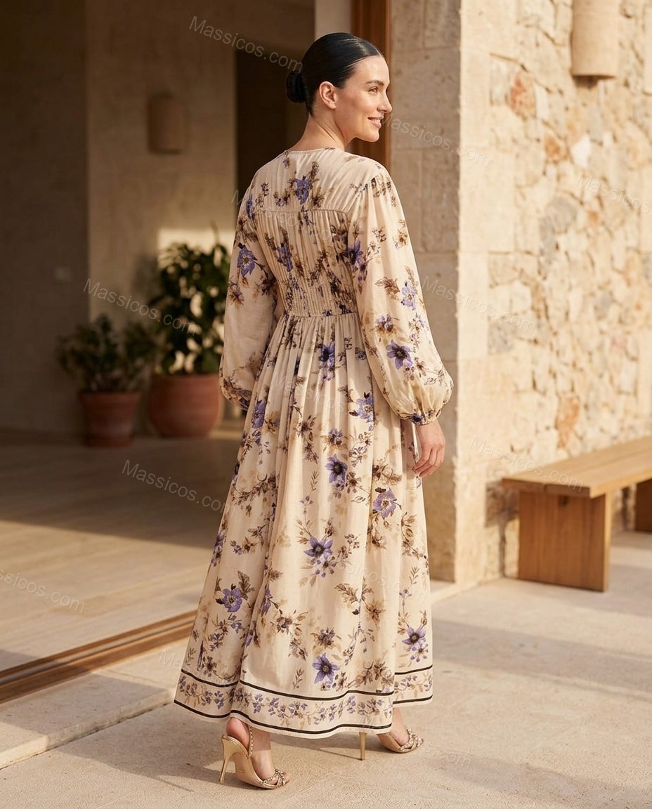 Beige Floral Maxi Dress, alternate use-case lifestyle view, by Massicos