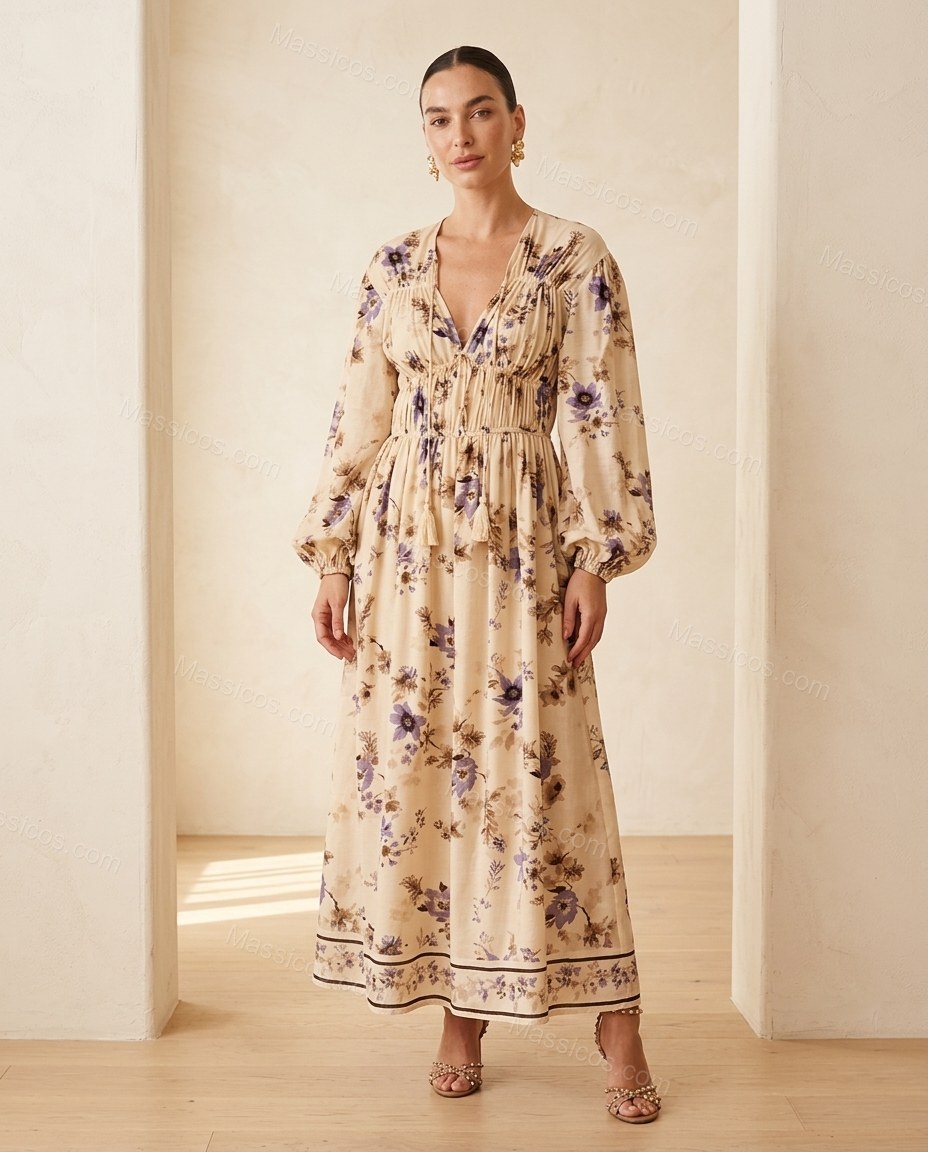 Beige Floral Maxi Dress, full-length hero view, by Massicos