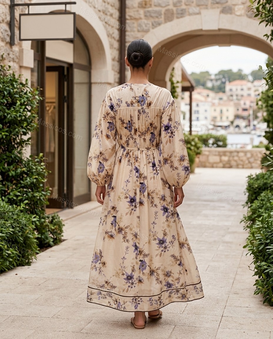 Beige Floral Maxi Dress, movement and fit lifestyle view, by Massicos
