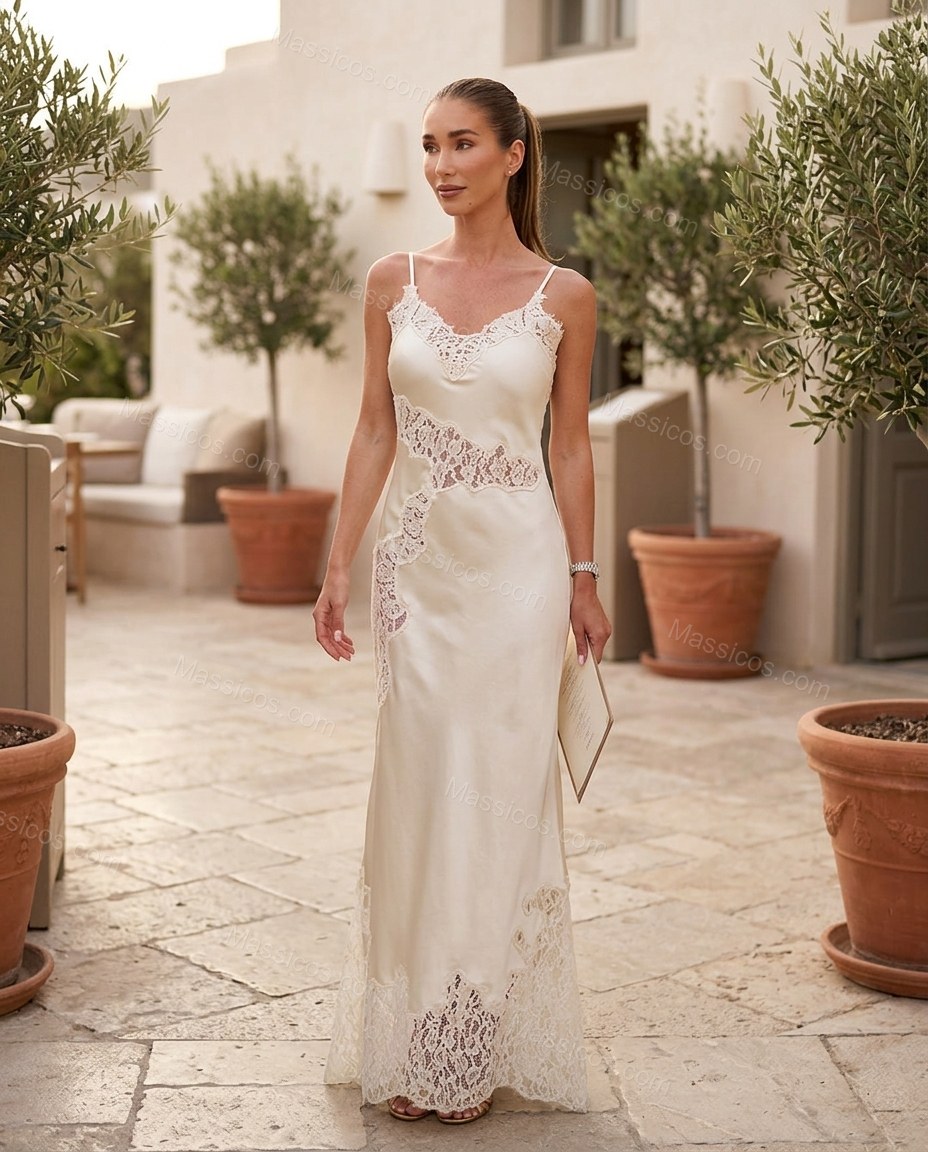 Off-white Maxi Satin Lace Dress, three-quarter brand lifestyle view, by Massicos