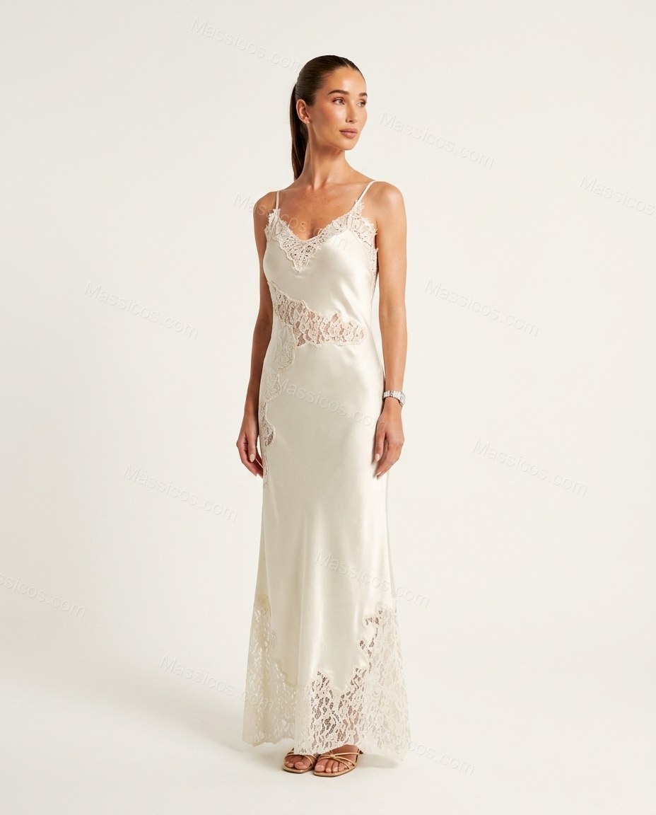 Off-white Maxi Satin Lace Dress, front studio view, by Massicos