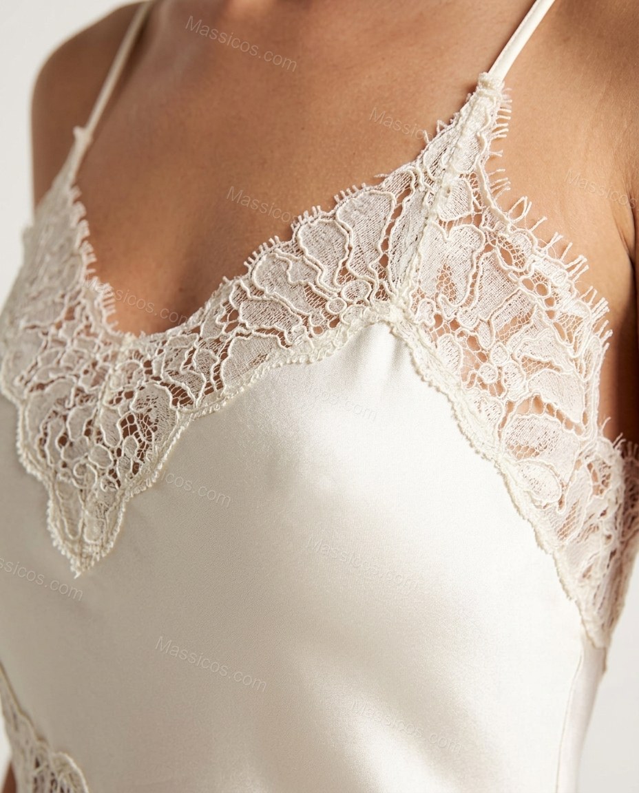 Off-white Maxi Satin Lace Dress, close-up of lace trim, lace inserts and spaghetti straps, by Massicos