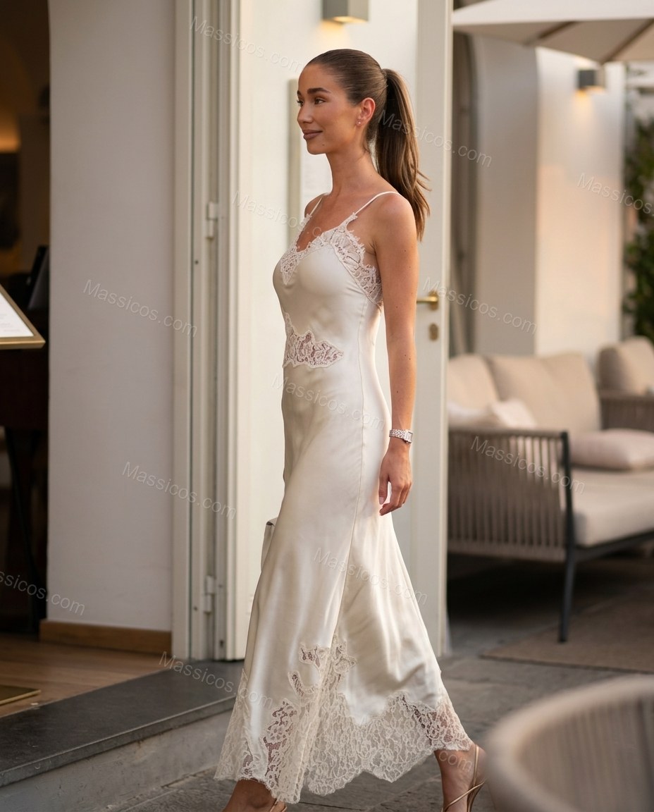Off-white Maxi Satin Lace Dress, movement and fit lifestyle view, by Massicos