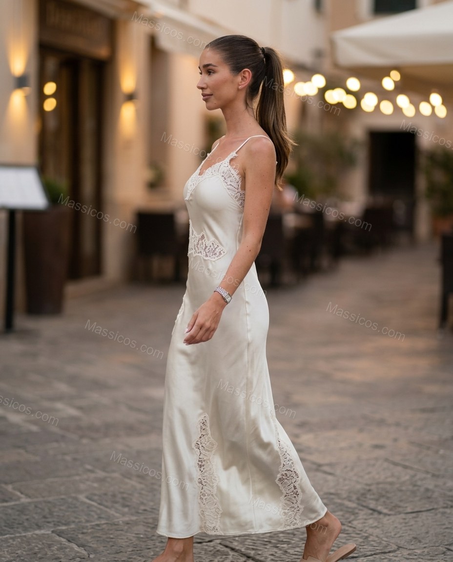 Off-white Maxi Satin Lace Dress, walking lifestyle view, by Massicos