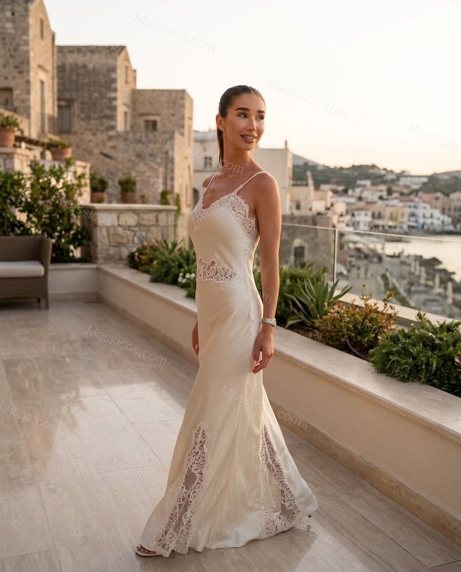 Off-white Maxi Satin Lace Dress, alternate use-case lifestyle view, by Massicos
