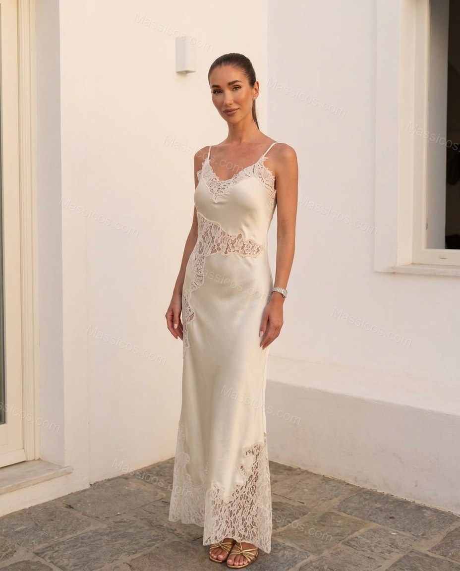 Off-white Maxi Satin Lace Dress, full-length hero view, by Massicos
