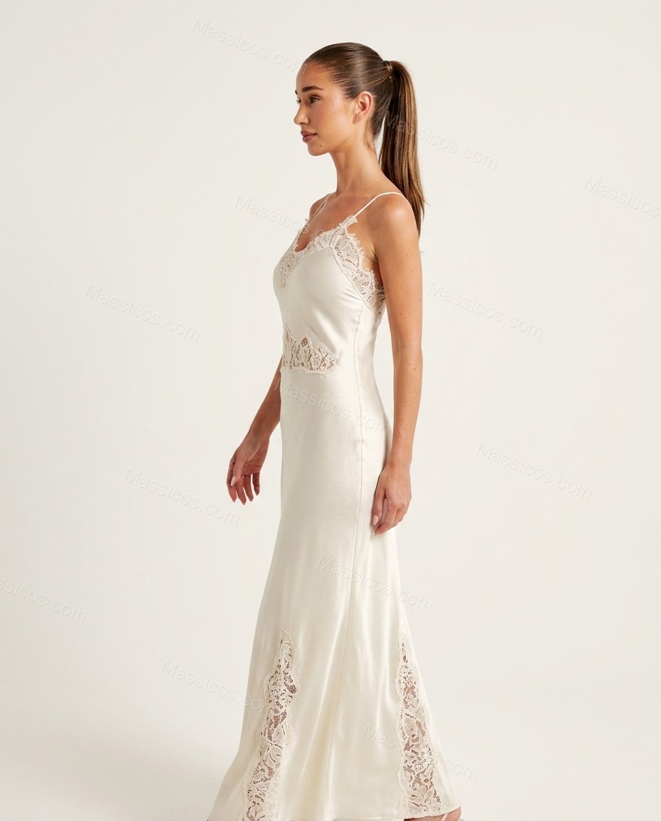 Off-white Maxi Satin Lace Dress, side and back studio view, by Massicos