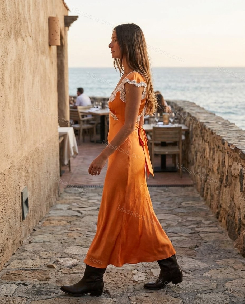 Orange Floral Maxi Satin Dress, walking lifestyle view, by Massicos