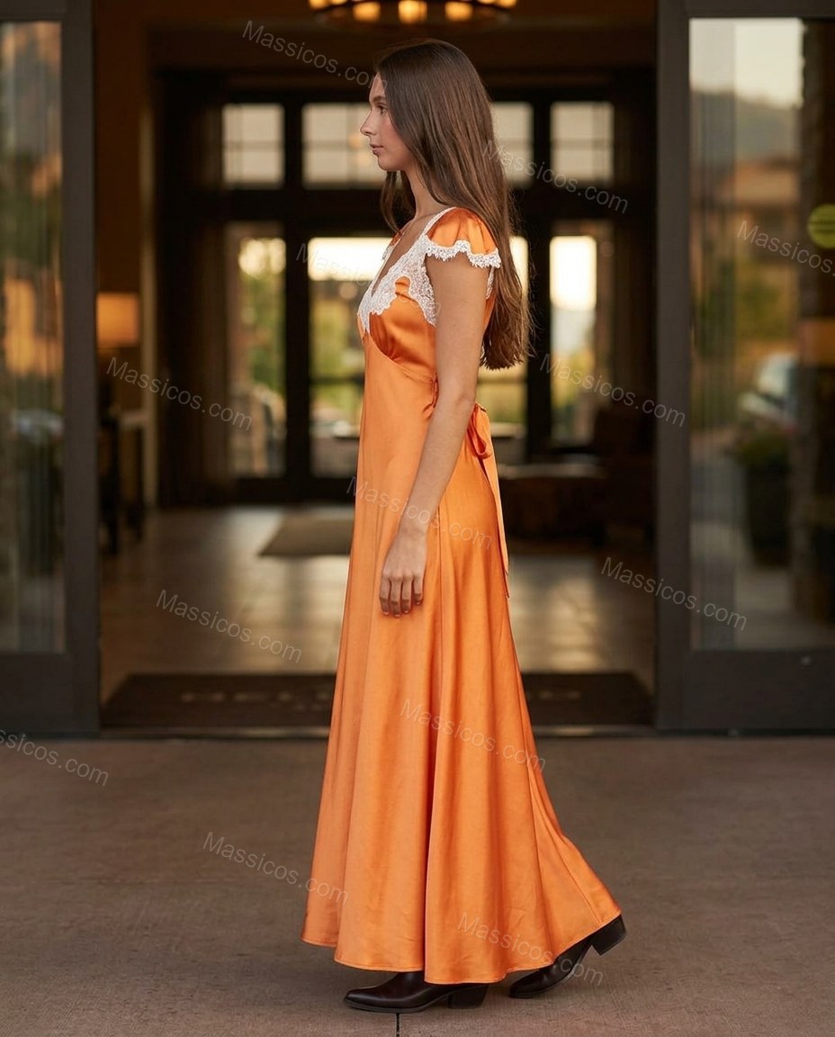 Orange Floral Maxi Satin Dress, alternate use-case lifestyle view, by Massicos